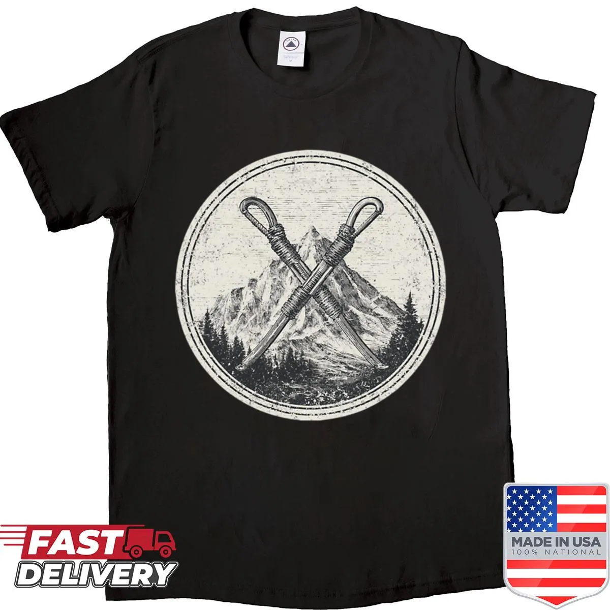 Vintage design featuring carabiners and mountains on a shirt