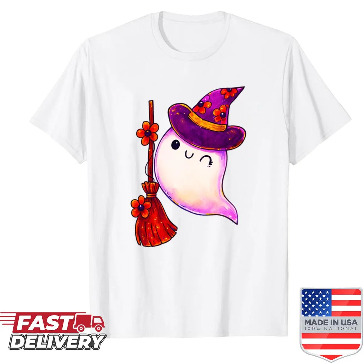 Cartoon ghost with witch hat and flowers on t-shirt