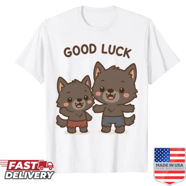 Cute kawaii cartoon werewolves duo for good luck on t-shirt