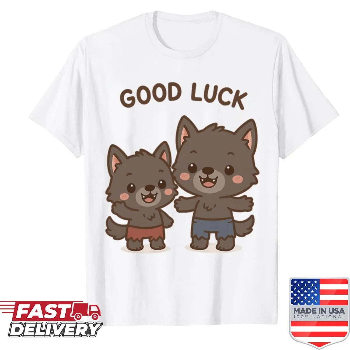 Cute kawaii cartoon werewolves duo for good luck on t-shirt