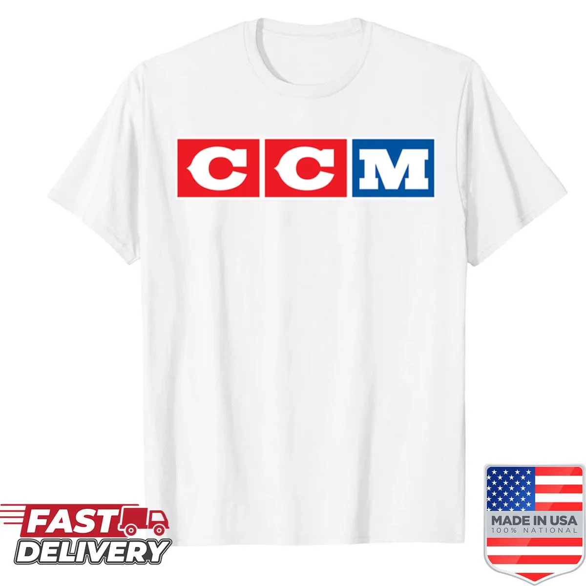 Retro CCM ice hockey logo design on a casual shirt