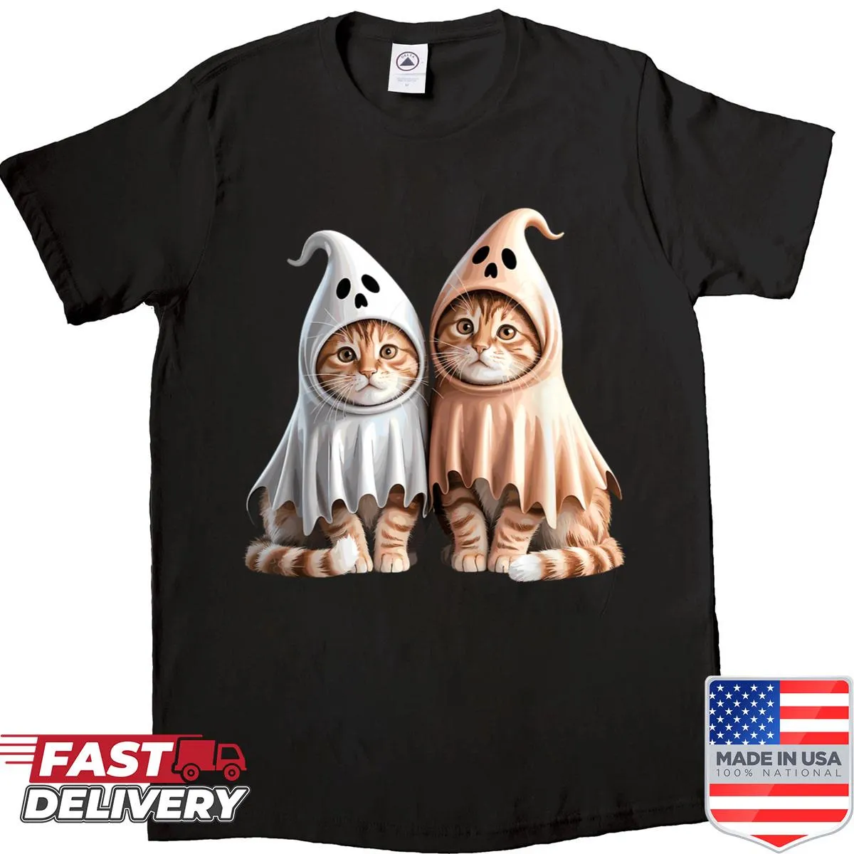 Cute Halloween shirt featuring ghost kittens in costumes