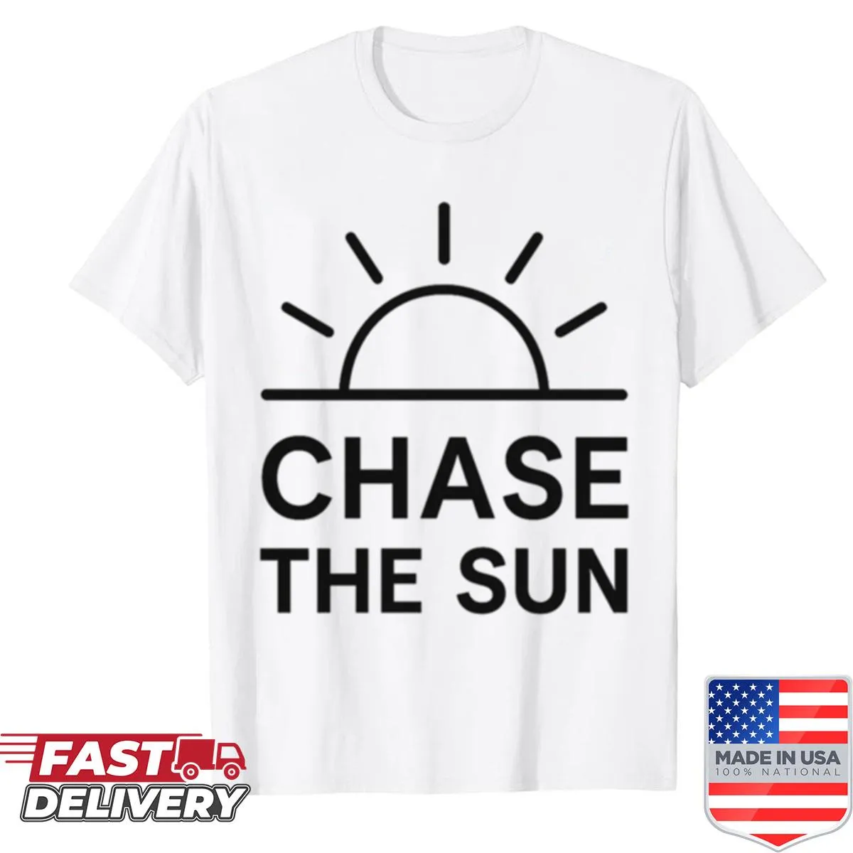 Minimalist line art shirt with the phrase 'Chase The Sun'