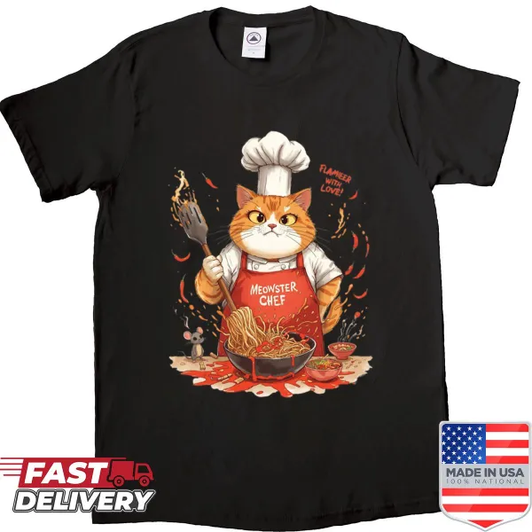 Cute cat chef cooking spicy noodles on shirt
