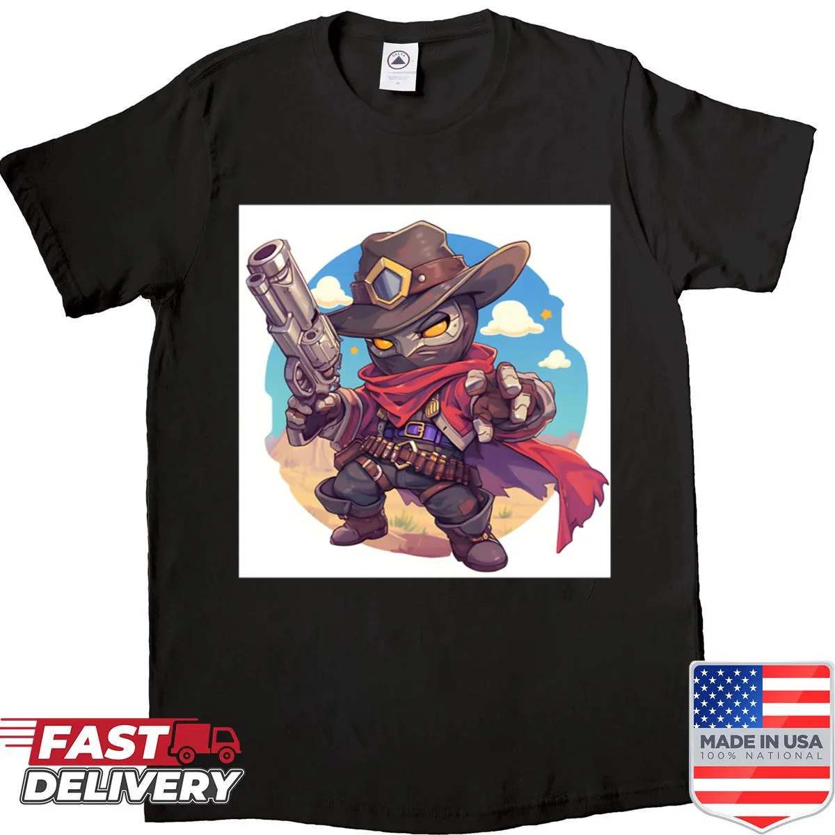 Chibi masked gunslinger character shirt with oversized gun illustration