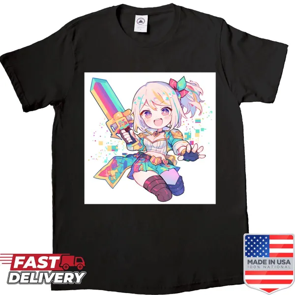 Chibi pixel warrior with a glowing sword on a T-shirt