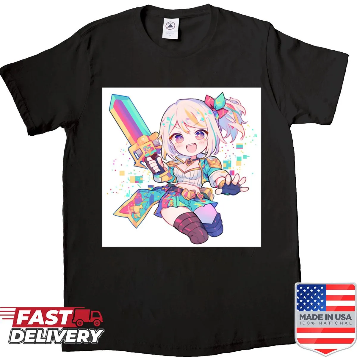 Chibi pixel warrior with a glowing sword on a T-shirt