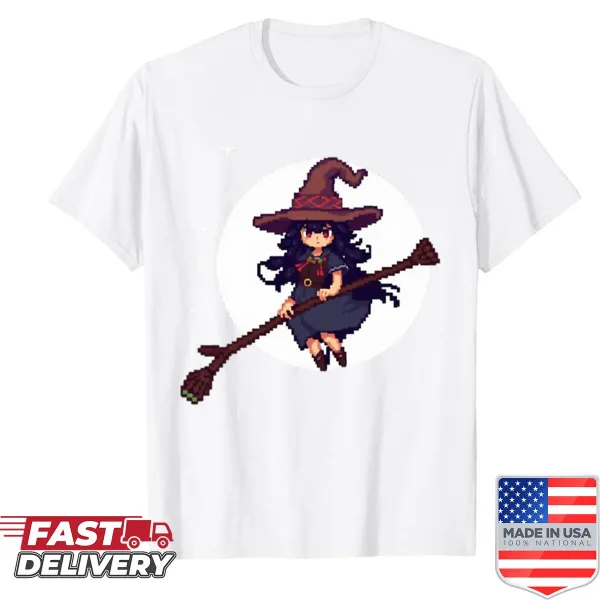 Charming cartoon pixel witch graphic for a cute shirt