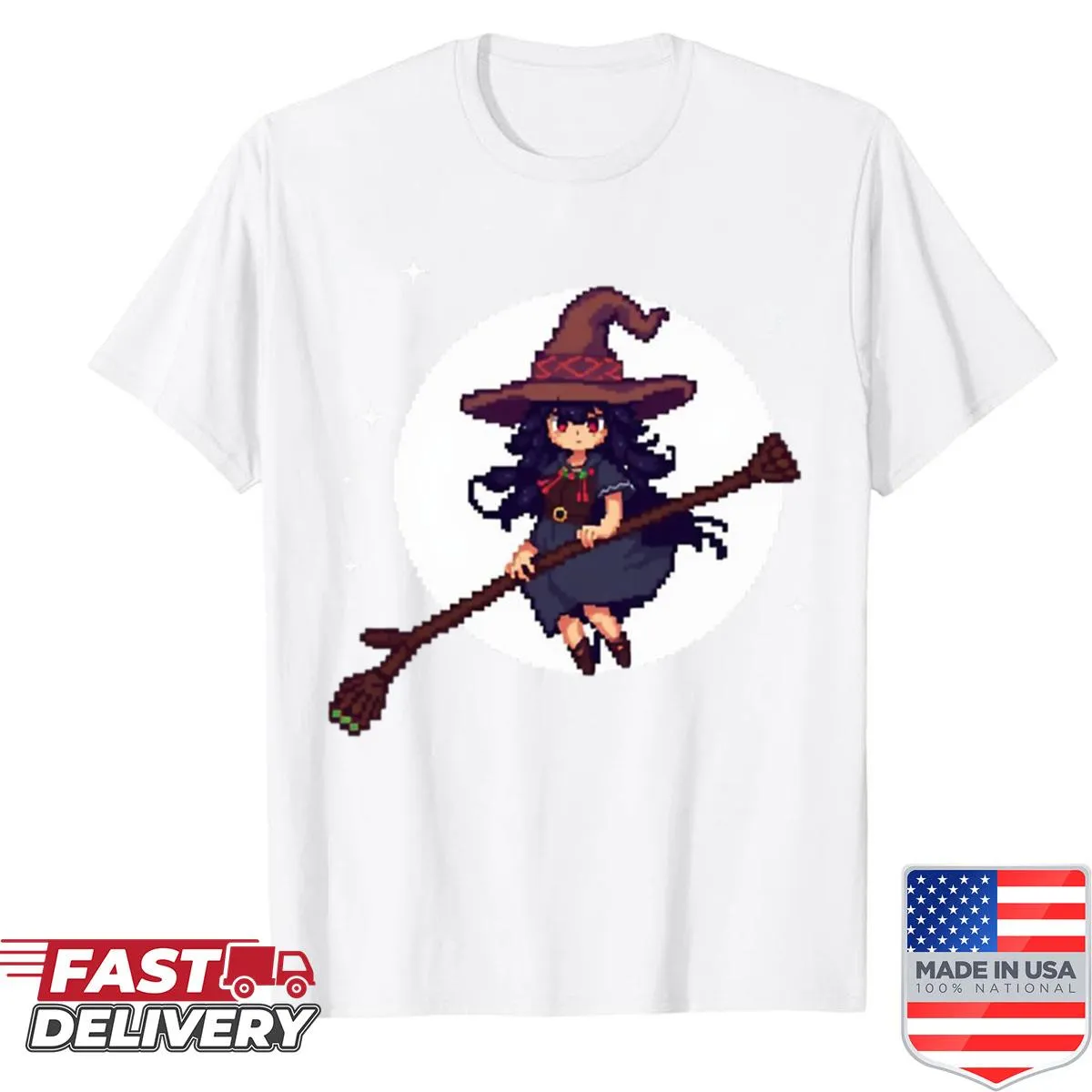 Charming cartoon pixel witch graphic for a cute shirt