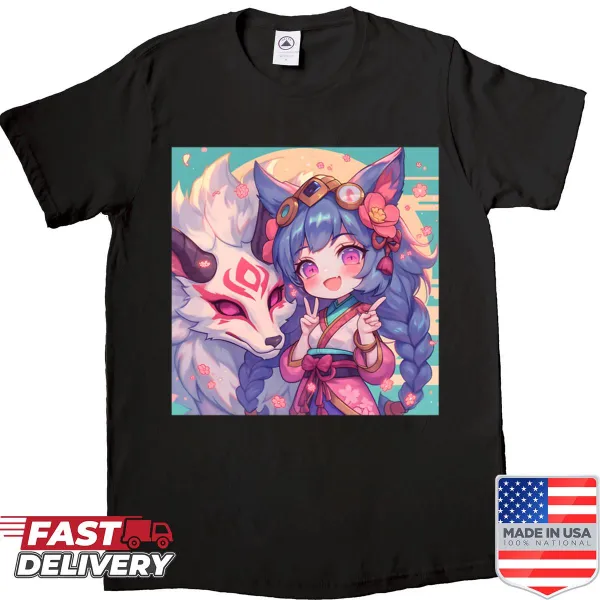 Chibi illustration of a lamb and wolf on a t-shirt