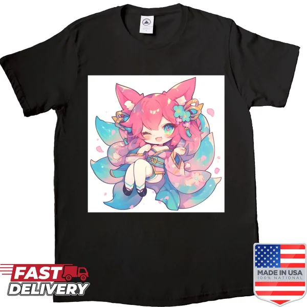 Chibi spirit fox shirt with glowing tails in cartoon style