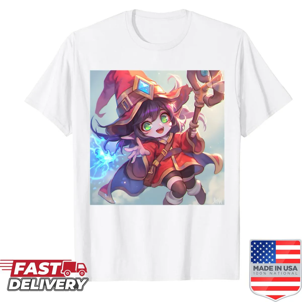 Chibi sorceress with giant hat in a cartoon style on a shirt
