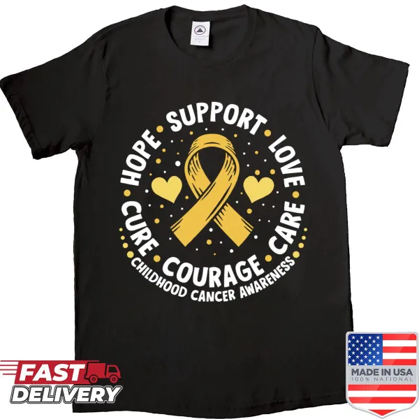 Childhood cancer awareness shirt with supportive family-themed text