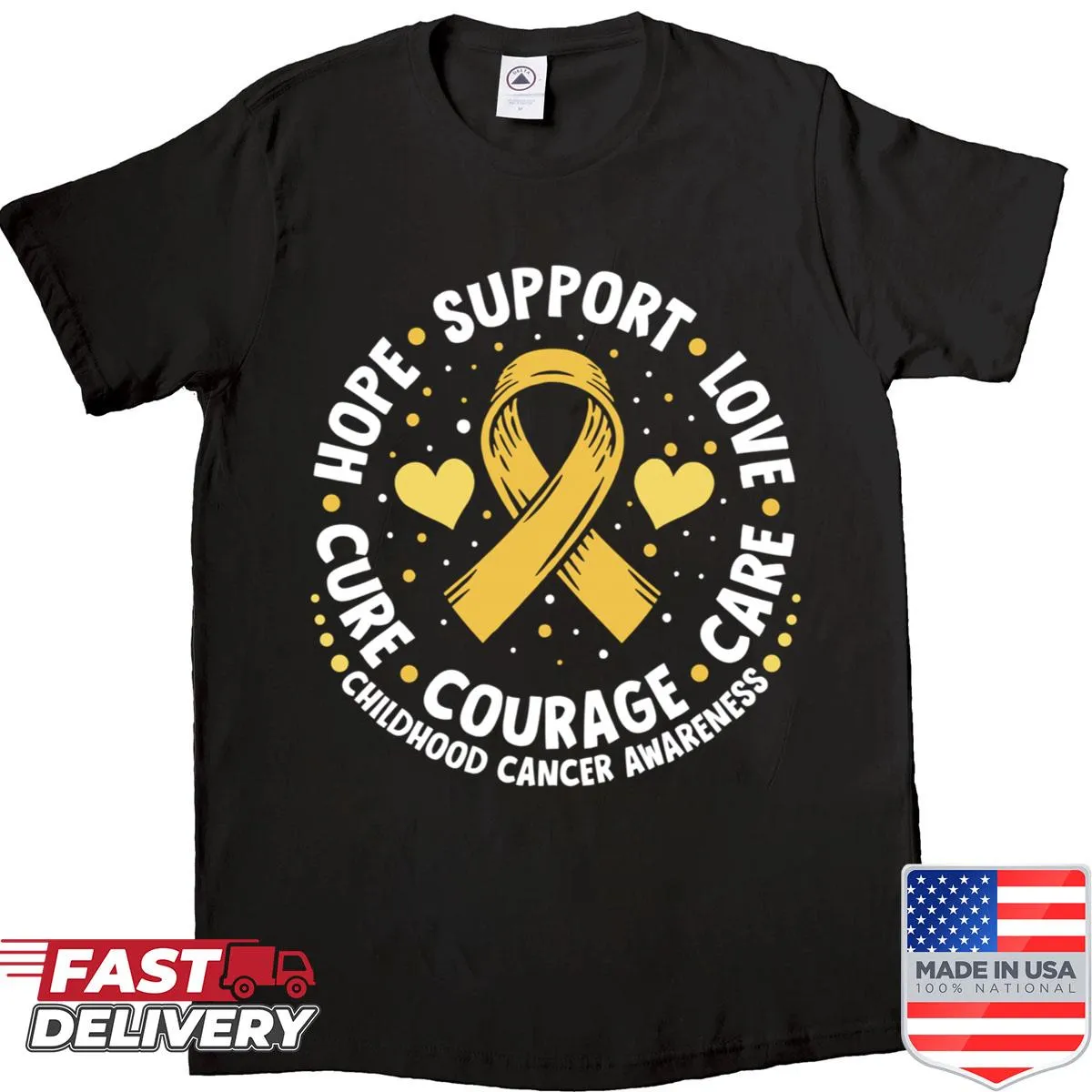 Childhood cancer awareness shirt with supportive family-themed text