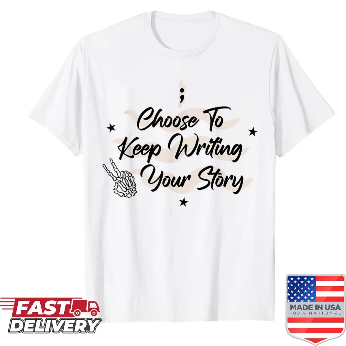 Halloween shirt with skeleton hand holding a pen and motivational quote
