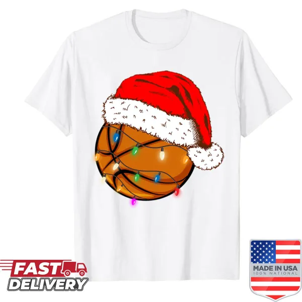 Cartoon Santa in a basketball Santa hat on a funny Christmas tee