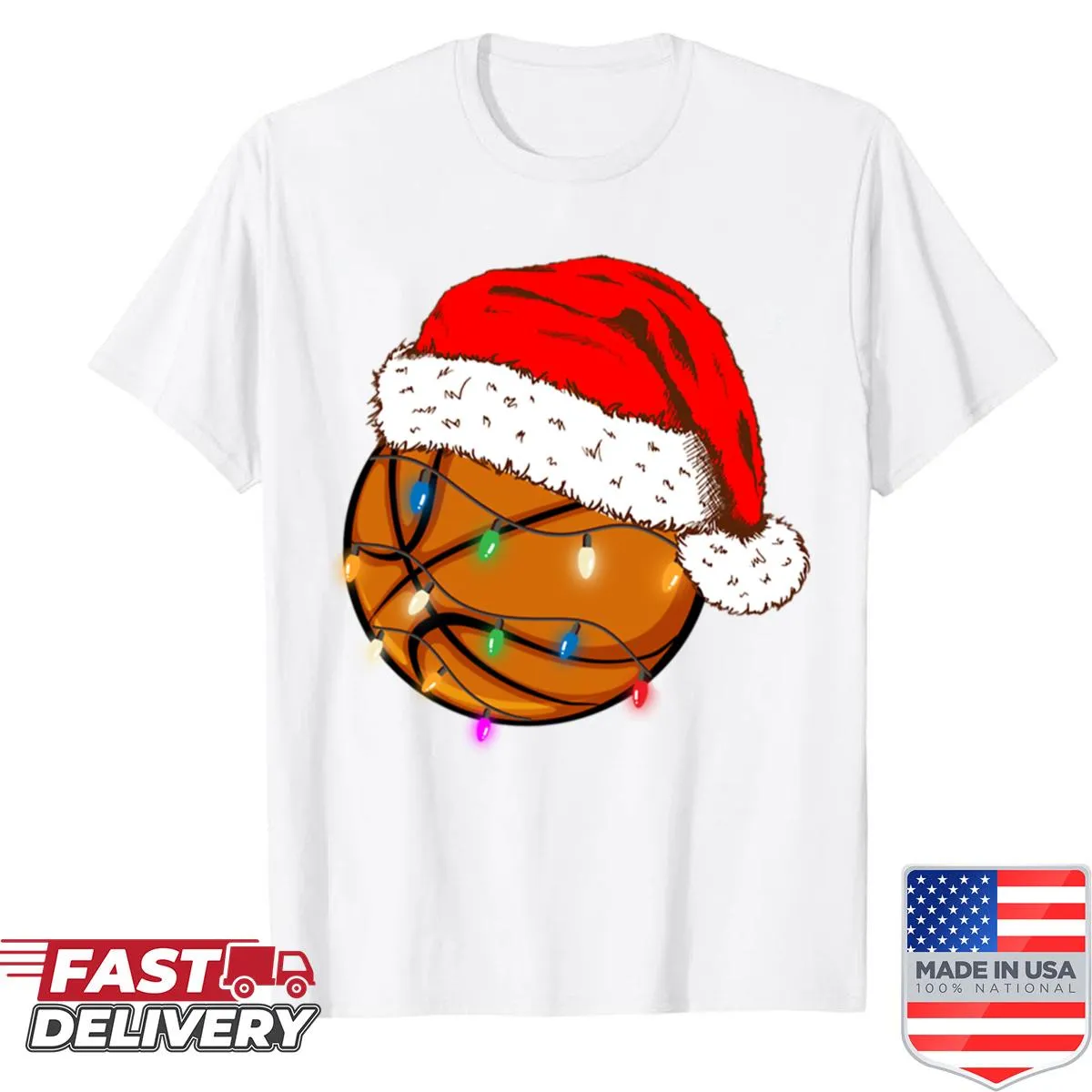 Cartoon Santa in a basketball Santa hat on a funny Christmas tee