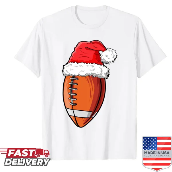 Funny football shirt with Santa hat graphic, perfect for Christmas