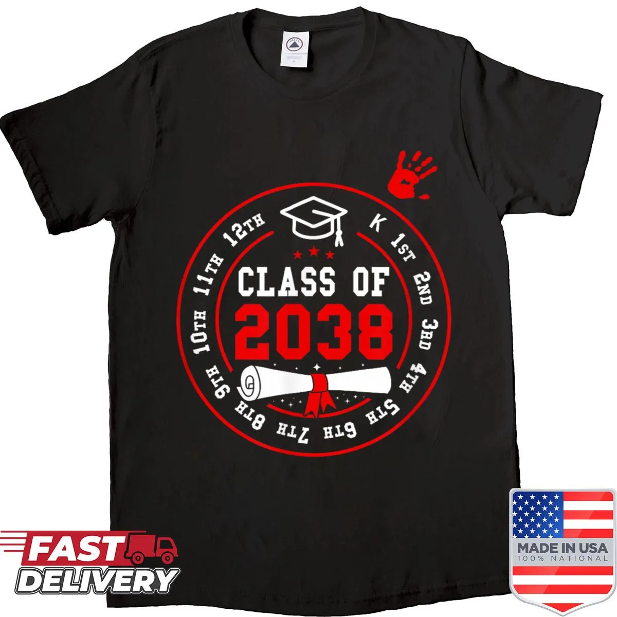 Graduation shirt with colorful handprint design