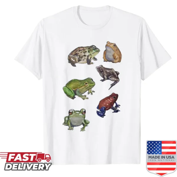 Illustrated t-shirt featuring six different frog species in colored pencil style
