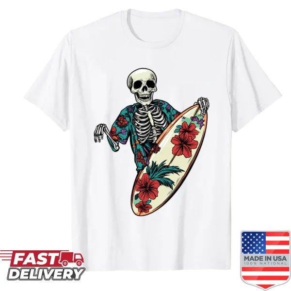 Edgy shirt with cartoon skeleton surfing graphic