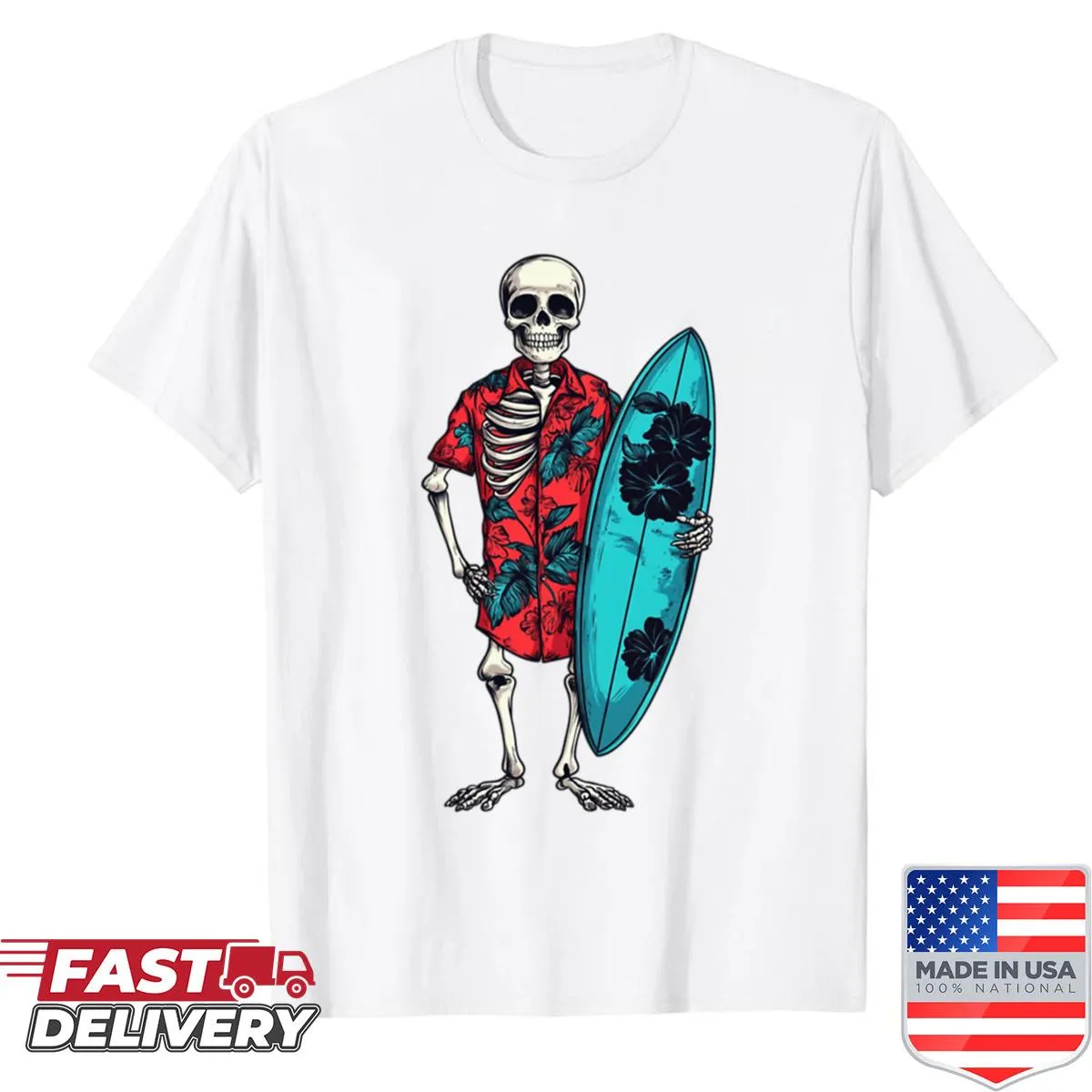 Skeleton holding a surfboard in a fun graphic illustration