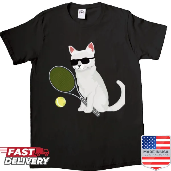 Illustrated cat with tennis racket for the Wimbledon 2026 shirt