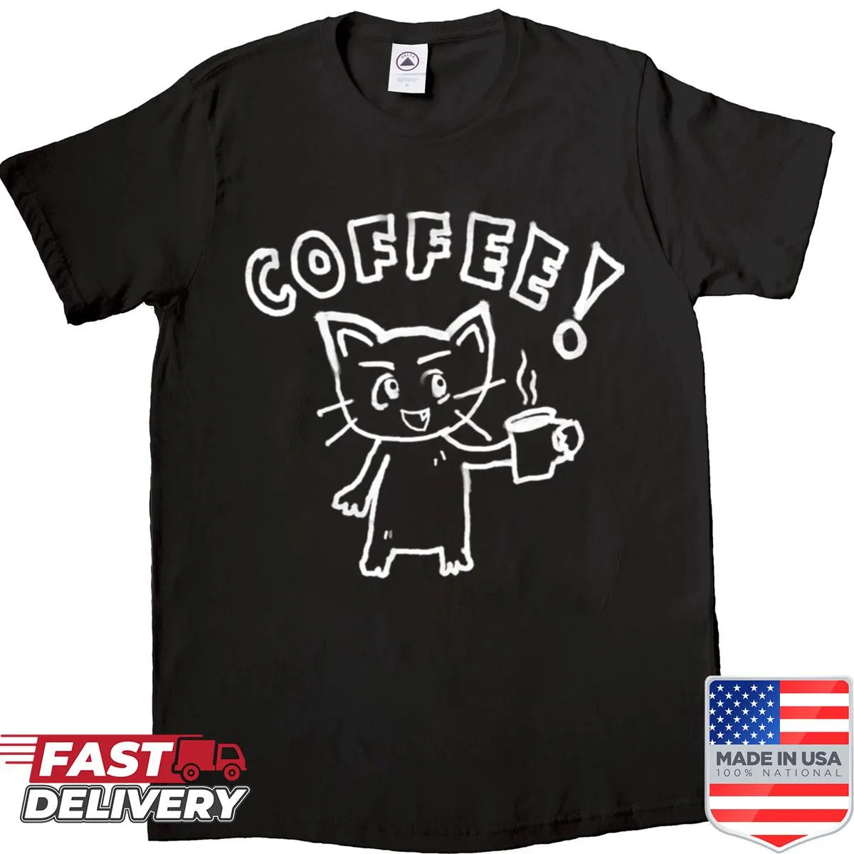 Cute cat doodle with coffee in kawaii style shirt