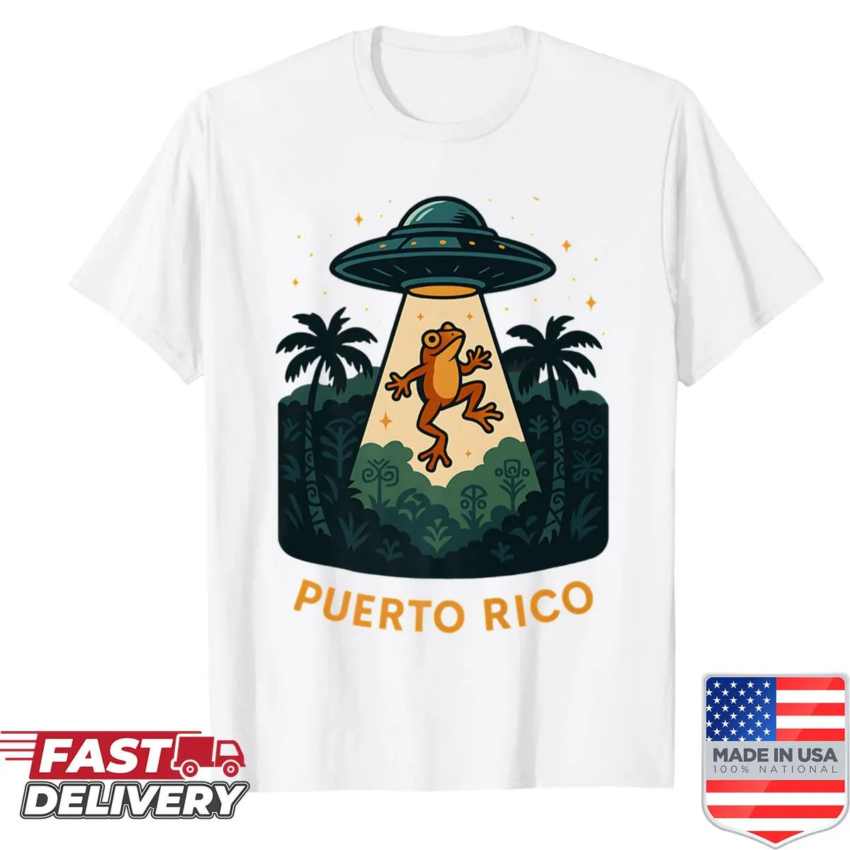 Frog in a jungle graphic with UFO and alien abduction elements