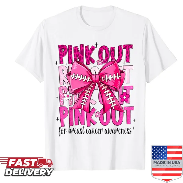 T-shirt featuring a pink ribbon bow for breast cancer awareness with football elements