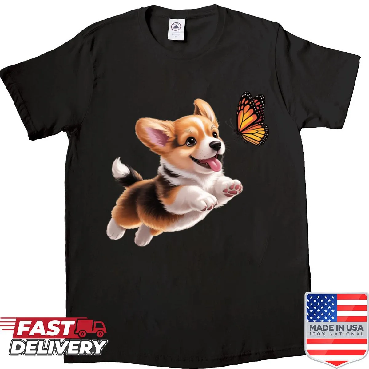 Illustration of a corgi puppy chasing a butterfly on a shirt