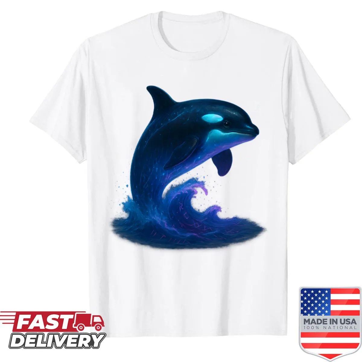 Illustration of a cosmic orca breaching from neon waves