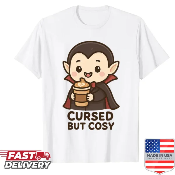 Illustration of a cozy goth vampire holding a latte on a t-shirt