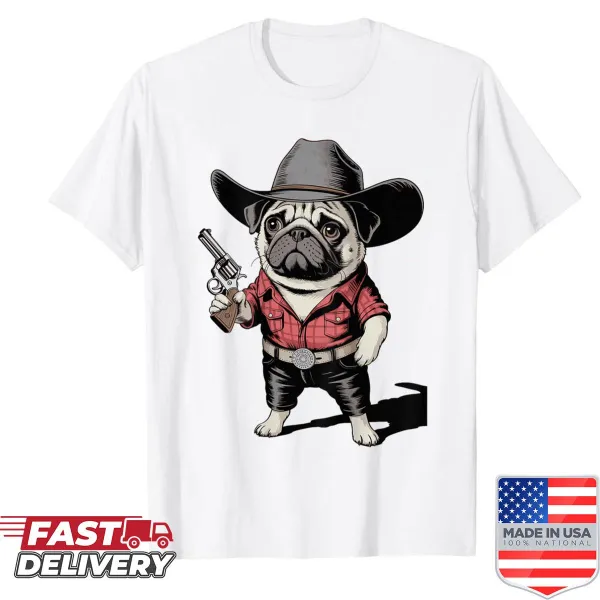 Cartoon pug dressed as a cowboy graphic on a shirt