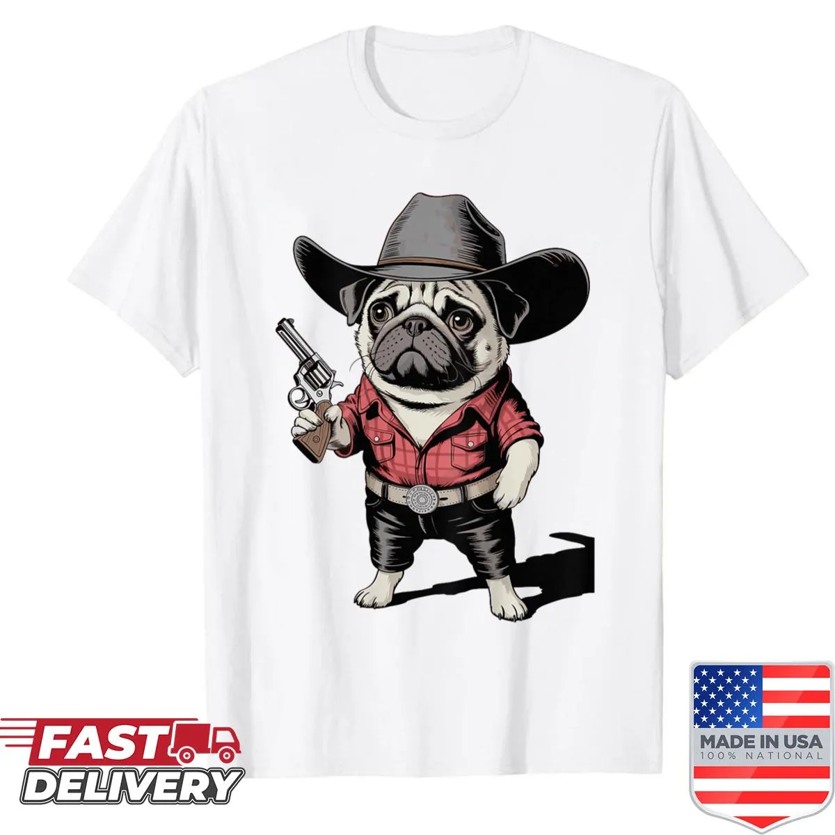 Cartoon pug dressed as a cowboy graphic on a shirt