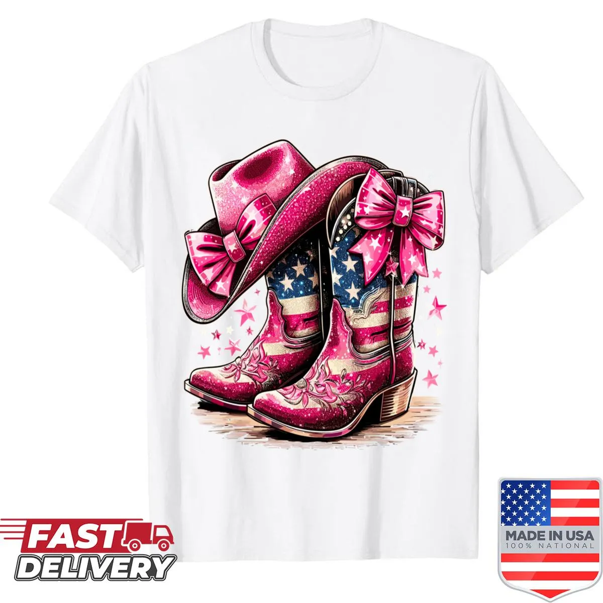 Cowgirl boots and hat design with USA flag