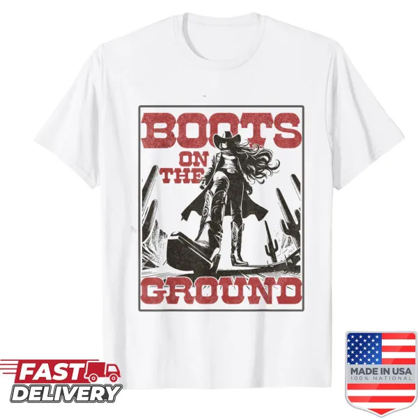 Vintage-style shirt featuring cowgirl boots graphic