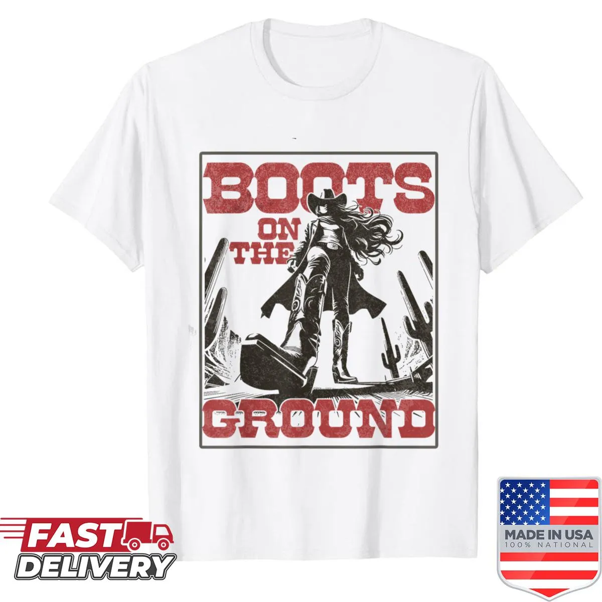 Vintage-style shirt featuring cowgirl boots graphic