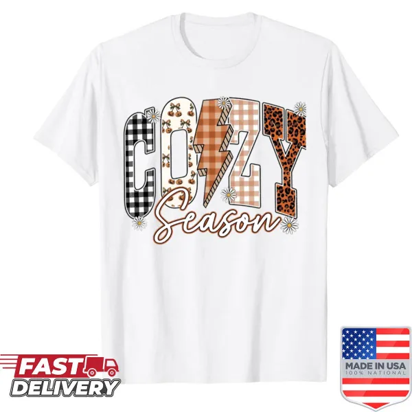 T-shirt featuring a cozy season theme in playful typography