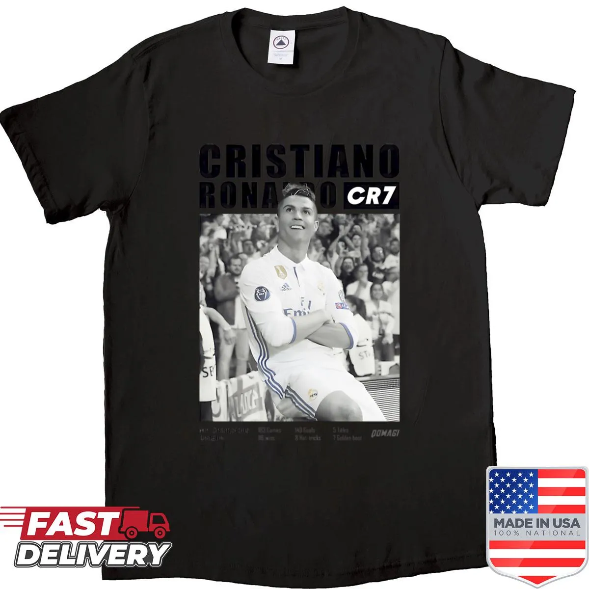 Graphic tribute to CR7 on a champion football shirt