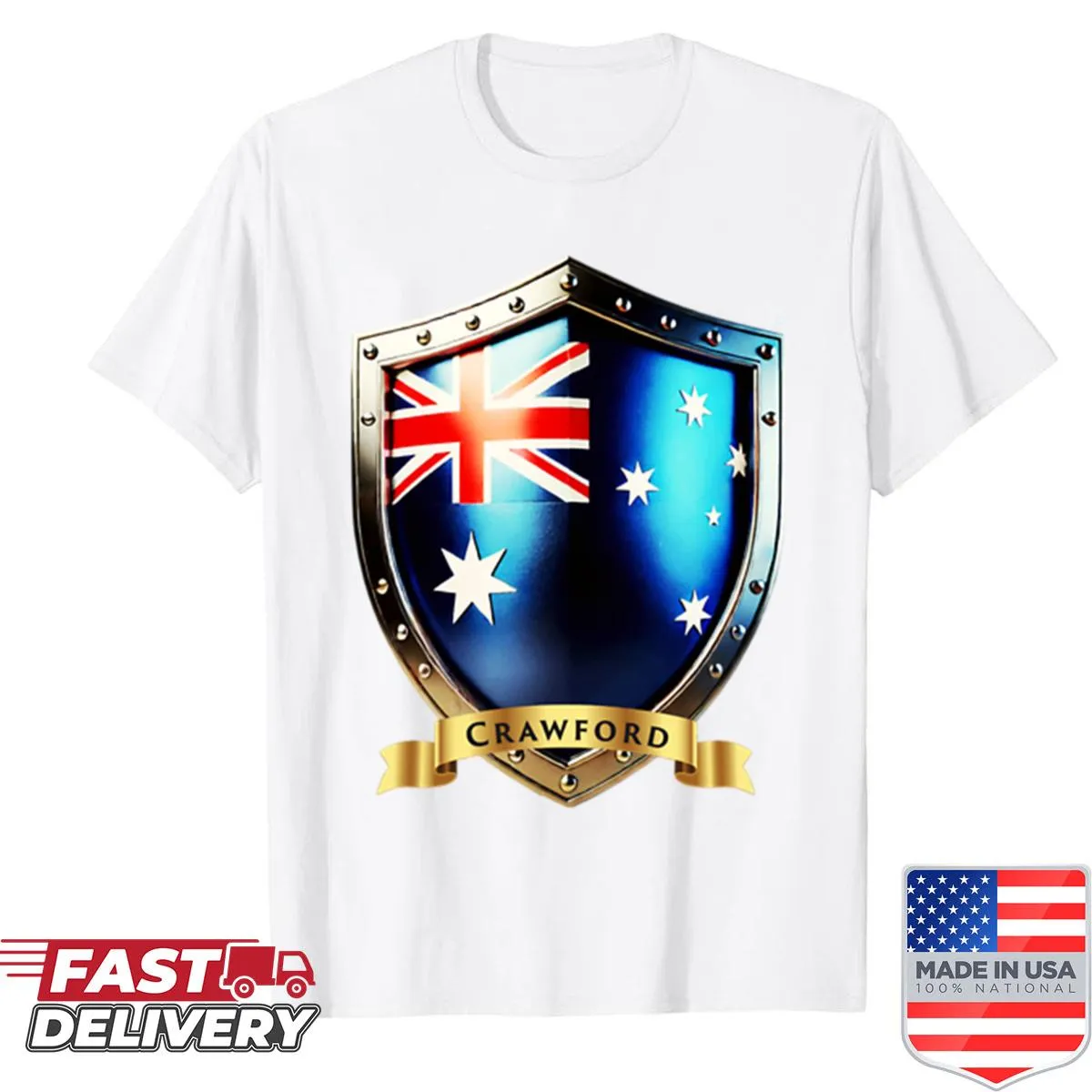 Crawford family crest depicted on a heritage shirt