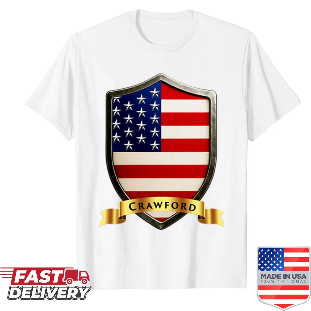 USA flag shield crest graphic on a heritage family shirt