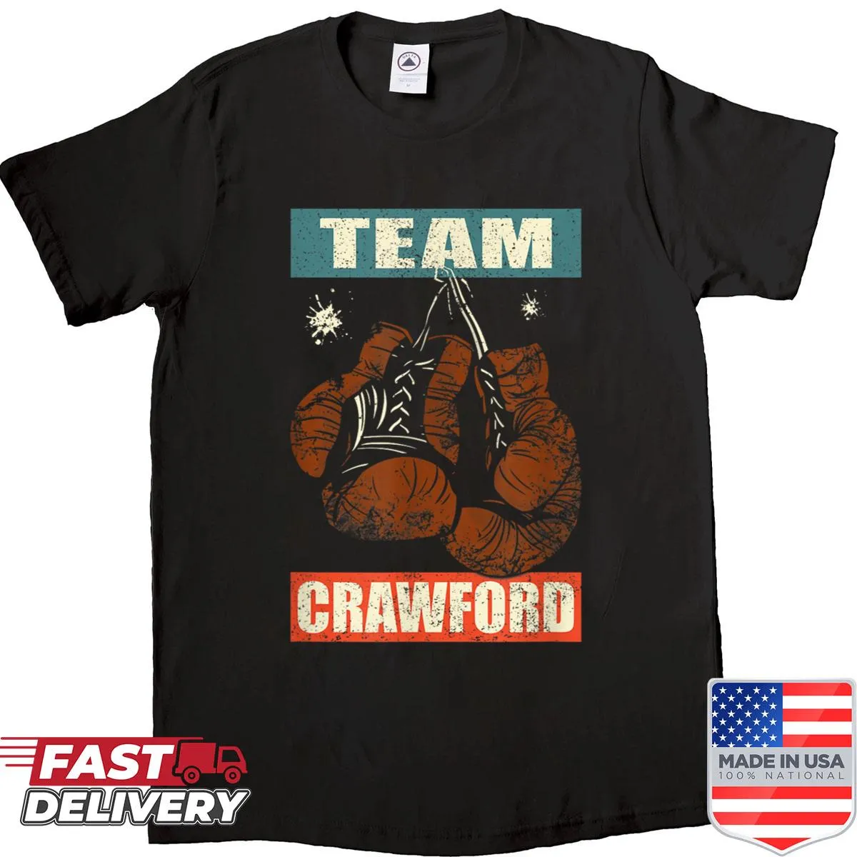 Retro boxing-themed shirt with Crawford family name
