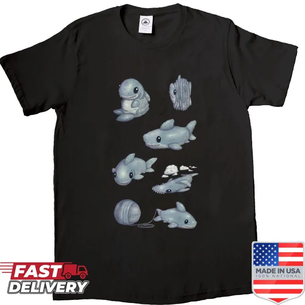 Shirt featuring a cute crochet shark plushie illustration