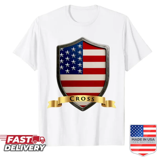 USA pride crest shirt featuring Cross Family shield design