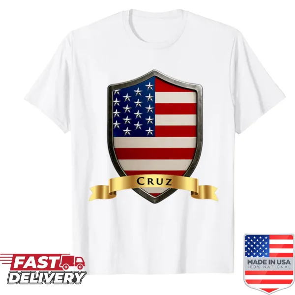 Patriotic T-shirt displaying Cruz Family crest with USA shield and stars.