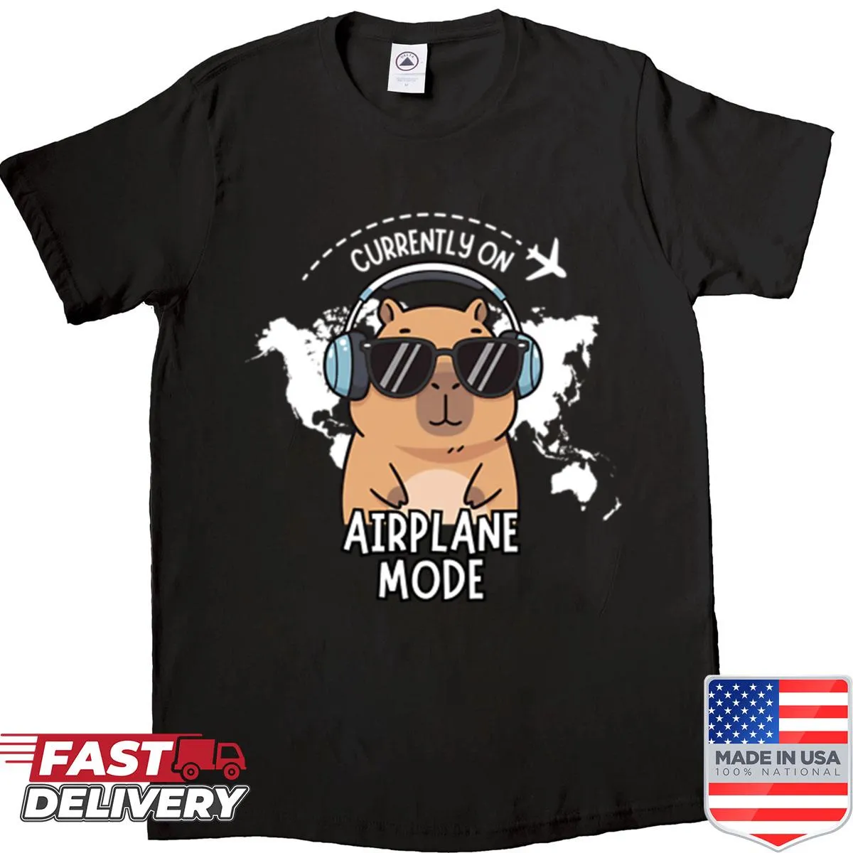 Shirt with 'Currently On Airplane Mood' travel-themed graphic