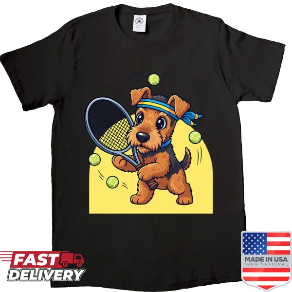 Cartoon Airedale Terrier playing tennis on a shirt