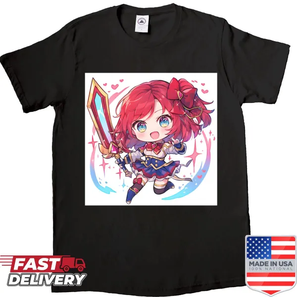 Charming chibi character graphic inspired by Battle Academia on a T-shirt.