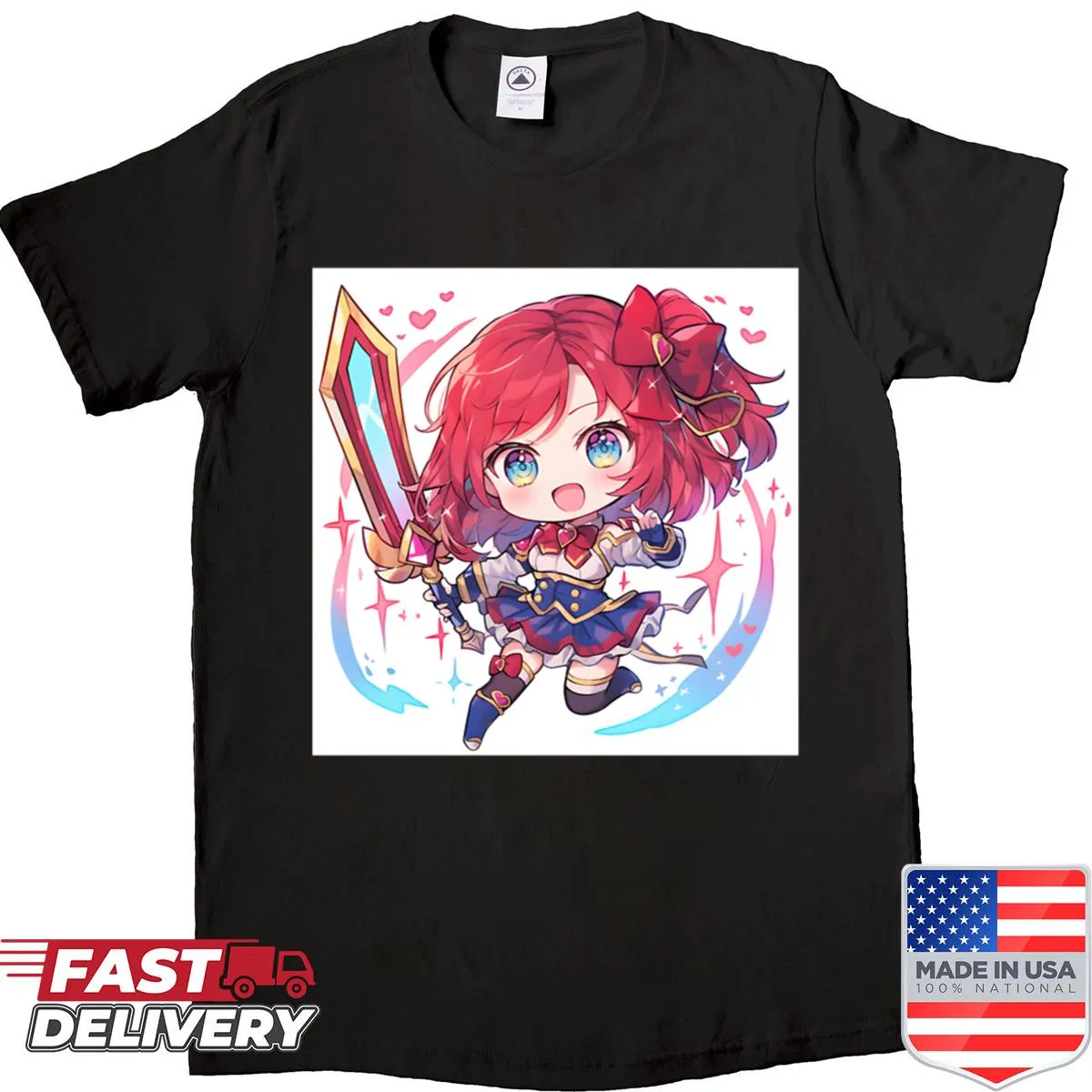 Charming chibi character graphic inspired by Battle Academia on a T-shirt.